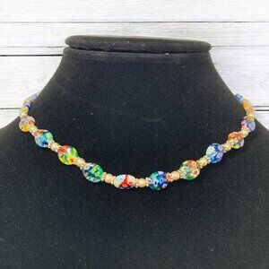 Millefiori Art Glass Necklace Multicolor Floral Design Gold Faux Pearl 15.5"L
